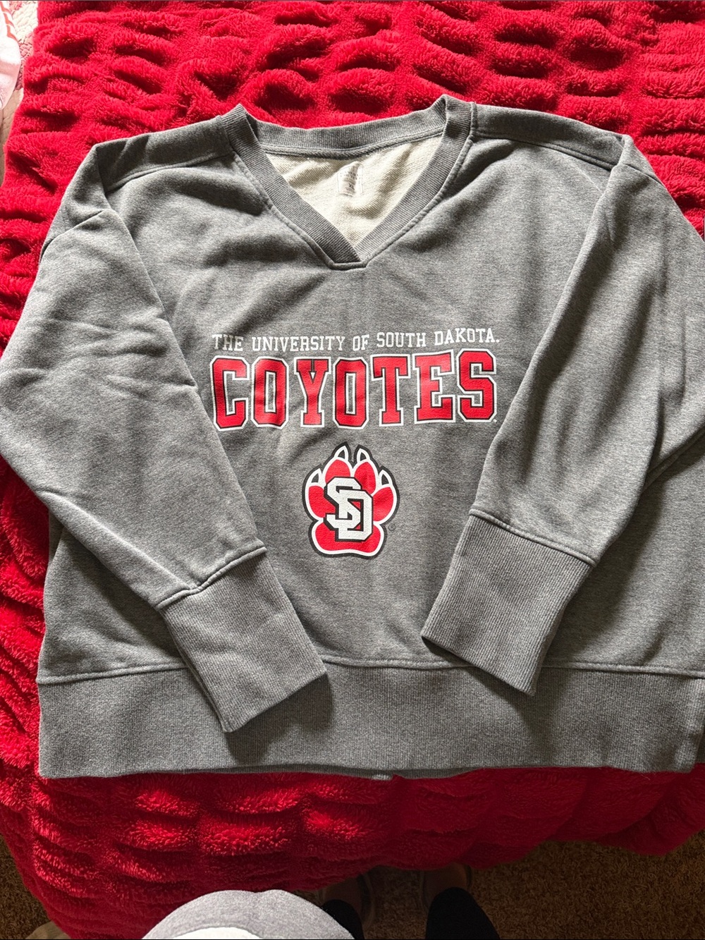 University of South Dakota Coyotes Gray V-Neck Sweatshirt - Gray/Red